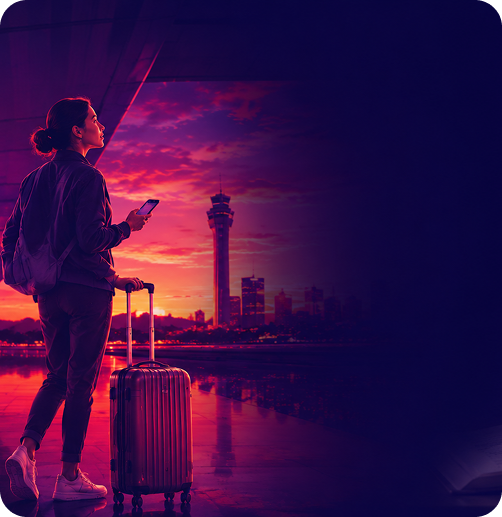 Viajante no aeroporto ao pôr do sol